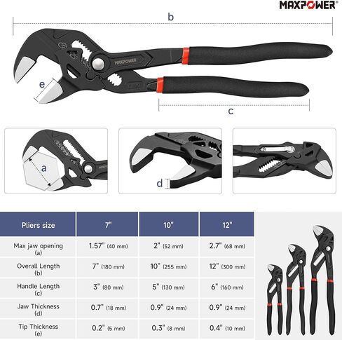 MAXPOWER 3 Pieces Pliers Wrench 7 inch 10 inch 12 inch, Smooth Parallel Jaw, Push Button Quick Adjustable Pliers Set for Plumbing, Pipe Works in Kuwait