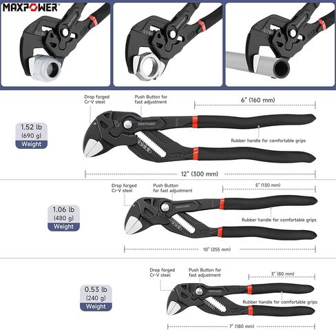 MAXPOWER 3 Pieces Pliers Wrench 7 inch 10 inch 12 inch, Smooth Parallel Jaw, Push Button Quick Adjustable Pliers Set for Plumbing, Pipe Works in Kuwait