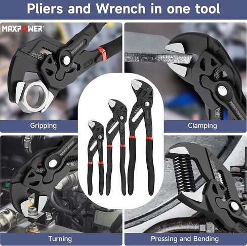 MAXPOWER 3 Pieces Pliers Wrench 7 inch 10 inch 12 inch, Smooth Parallel Jaw, Push Button Quick Adjustable Pliers Set for Plumbing, Pipe Works in Kuwait