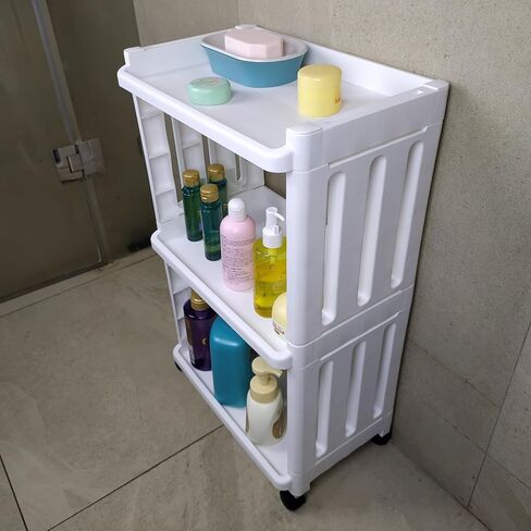 White Small 3 Tier Rolling Kitchen Storage Cart for Laundry Room Bathroom Bedside Toilet Side Plastic Storage Shelf on Wheels Narrow Organizer Shelving Unit with Wheels Slim Movable Organization Cart in Kuwait