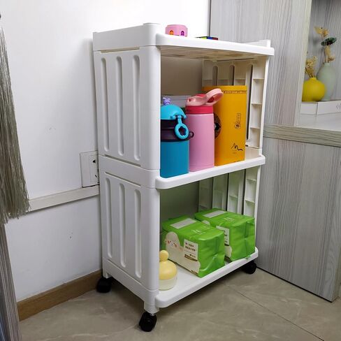 White Small 3 Tier Rolling Kitchen Storage Cart for Laundry Room Bathroom Bedside Toilet Side Plastic Storage Shelf on Wheels Narrow Organizer Shelving Unit with Wheels Slim Movable Organization Cart in Kuwait