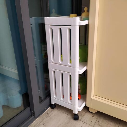 White Small 3 Tier Rolling Kitchen Storage Cart for Laundry Room Bathroom Bedside Toilet Side Plastic Storage Shelf on Wheels Narrow Organizer Shelving Unit with Wheels Slim Movable Organization Cart in Kuwait