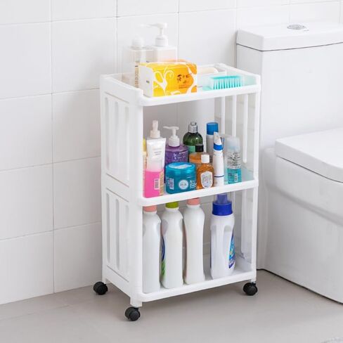 White Small 3 Tier Rolling Kitchen Storage Cart for Laundry Room Bathroom Bedside Toilet Side Plastic Storage Shelf on Wheels Narrow Organizer Shelving Unit with Wheels Slim Movable Organization Cart in Kuwait