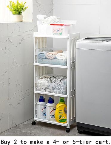 White Small 3 Tier Rolling Kitchen Storage Cart for Laundry Room Bathroom Bedside Toilet Side Plastic Storage Shelf on Wheels Narrow Organizer Shelving Unit with Wheels Slim Movable Organization Cart in Kuwait