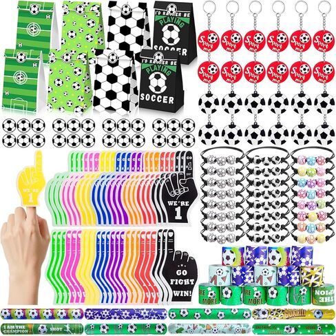 Sosation 144 Pcs Soccer Party Favors Set Serve 24, Sport Balls Goodie Gift Bags Stickers Foam Finger Slap Bracelet Charm Bracelet Keychain for Team Gifts Birthday Party Supplies in Kuwait