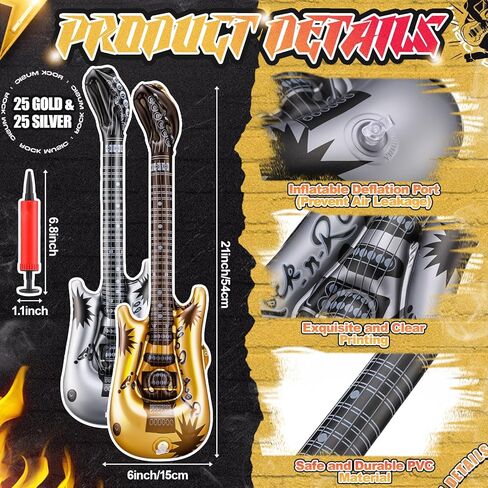 50 Pcs Inflatable Guitars 21 Inch Small Blow up Guitar with Inflator Gold and Silver Rock Instrument Bulk for Kids Birthday Rock and Roll Party Decorations Photo Booth Props in Saudi Arabia