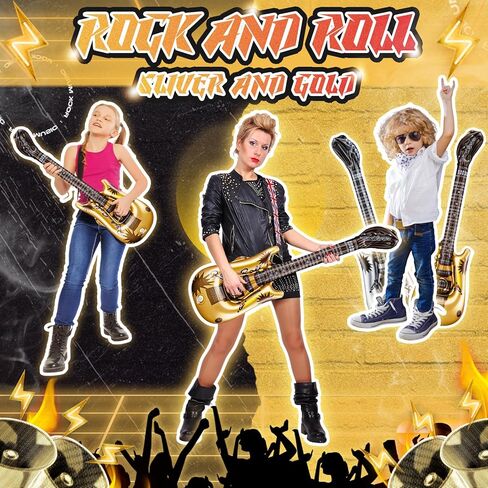 50 Pcs Inflatable Guitars 21 Inch Small Blow up Guitar with Inflator Gold and Silver Rock Instrument Bulk for Kids Birthday Rock and Roll Party Decorations Photo Booth Props in Saudi Arabia