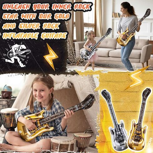 50 Pcs Inflatable Guitars 21 Inch Small Blow up Guitar with Inflator Gold and Silver Rock Instrument Bulk for Kids Birthday Rock and Roll Party Decorations Photo Booth Props in Saudi Arabia
