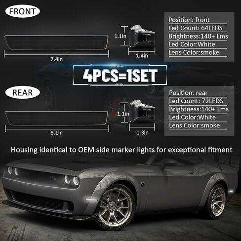 Bestview Smoked Lens LED Side Marker Lights for Dodge Challenger 2015-2023, Front Rear Bumper Marker Lamps, White(4 PCS) in Kuwait