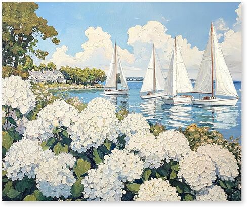 RLTXBUK Nautical Sailboat Hydrangea Floral Diamond Art Kits, Coastal Grandma Decor, Summer Coastal Ocean Flower Gem Diamond Painting Art Kits for Adults Kids Beginners, 9.8x11.8 Inch in Saudi Arabia