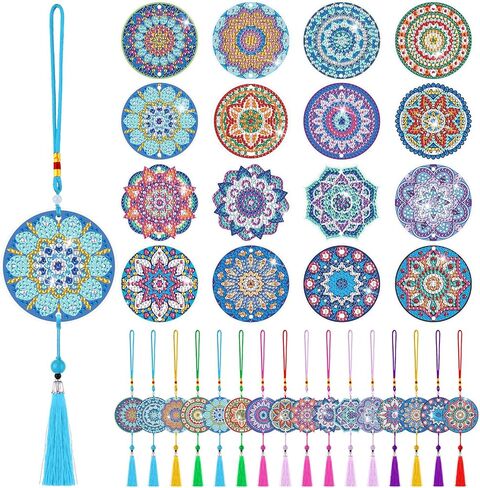 Saillong 16 Pcs Diamond Art Car Ornaments Mandala Diamond Painting Kit Rear View Mirror Hanging Ornament Double Sided Paint Mandala Painting Crystal Gem Decoration DIY Crafts for Adult Beginner Gifts in Kuwait