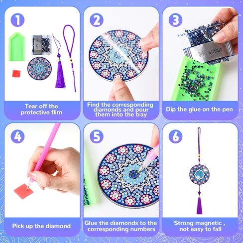 Saillong 16 Pcs Diamond Art Car Ornaments Mandala Diamond Painting Kit Rear View Mirror Hanging Ornament Double Sided Paint Mandala Painting Crystal Gem Decoration DIY Crafts for Adult Beginner Gifts in Kuwait