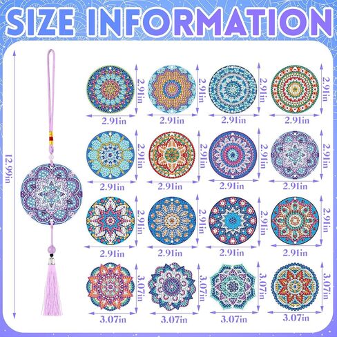 Saillong 16 Pcs Diamond Art Car Ornaments Mandala Diamond Painting Kit Rear View Mirror Hanging Ornament Double Sided Paint Mandala Painting Crystal Gem Decoration DIY Crafts for Adult Beginner Gifts in Kuwait