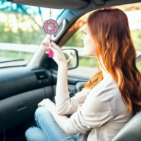 Saillong 16 Pcs Diamond Art Car Ornaments Mandala Diamond Painting Kit Rear View Mirror Hanging Ornament Double Sided Paint Mandala Painting Crystal Gem Decoration DIY Crafts for Adult Beginner Gifts in Kuwait