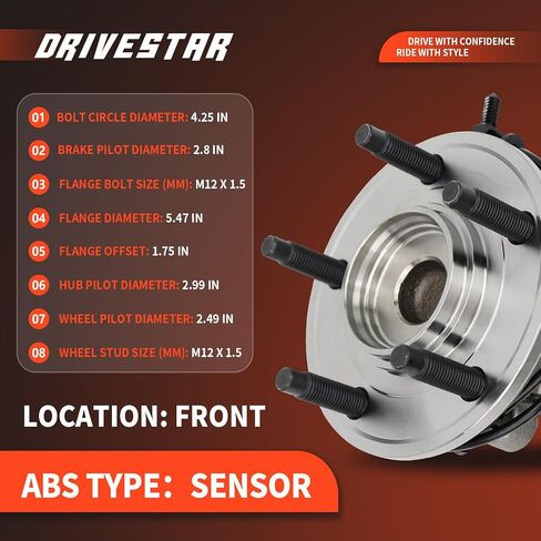 RWD DRIVESTAR 513169 Front Left/Right Wheel Hub & Bearing Assembly for Jaguar S-Type 2000-2008, 2004-2008 Jaguar XJR / XJ8, 2009-2014 for Jaguar XF; 5 Lug W/ABS in Kuwait