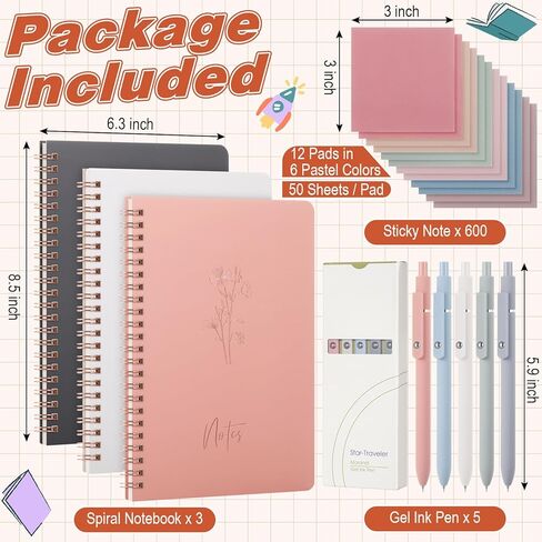 Fuutreo Aesthetic Notebook Sets Teacher Appreciation Gifts 3 Pcs Spiral Notebook with 5 Ink Pens and 12 Sticky Notes, Positive Affirmation Notebooks Back to School for Students Classroom Reward in Saudi Arabia