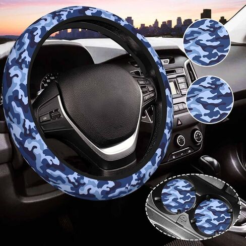 Blue Camo Steering Wheel Cover for Women,Universal Auto Steering Wheel 14-15 Inch Car Interior Accessories with 2PCS Car Coasters,Suitable for Men and Women in Saudi Arabia