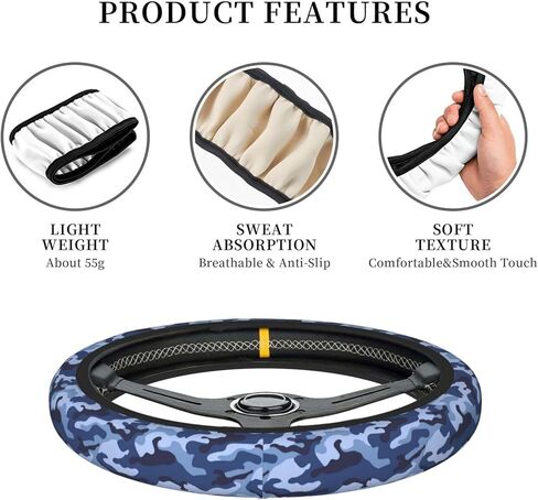 Blue Camo Steering Wheel Cover for Women,Universal Auto Steering Wheel 14-15 Inch Car Interior Accessories with 2PCS Car Coasters,Suitable for Men and Women in Saudi Arabia