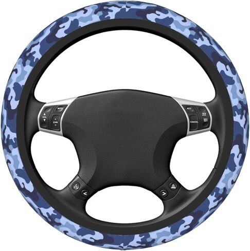 Blue Camo Steering Wheel Cover for Women,Universal Auto Steering Wheel 14-15 Inch Car Interior Accessories with 2PCS Car Coasters,Suitable for Men and Women in Saudi Arabia