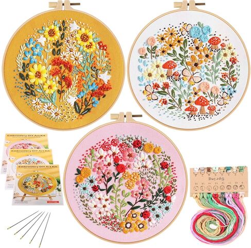 EVERMARKET 3 Pack Embroidery Starter Kits with Pattern, Flowers Stitches Kit for Beginner, Floral Stamped Embroidery Practice Kit for Women, Embroidery Fabric in Kuwait