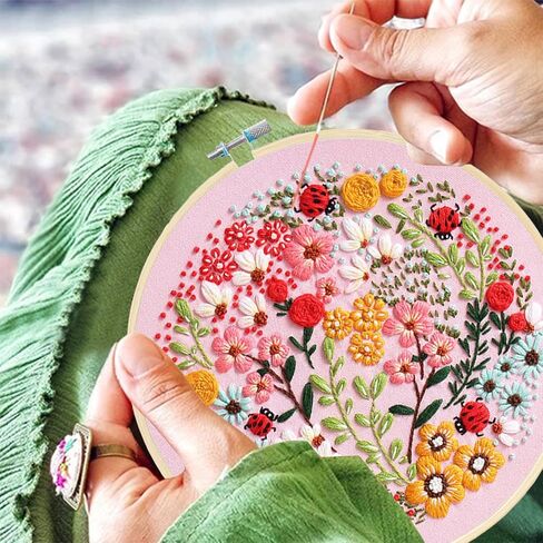 EVERMARKET 3 Pack Embroidery Starter Kits with Pattern, Flowers Stitches Kit for Beginner, Floral Stamped Embroidery Practice Kit for Women, Embroidery Fabric in Kuwait
