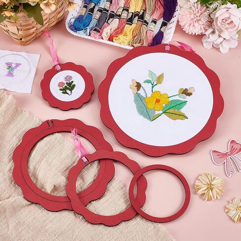 BENECREAT 4pcs Wood Embroidery Hoop Frame, Red Flower Round Embroidery Hoops Display Frame Decorative Embroidery Display for Finished Cross Stitch Hoop Frame DIY Art Craft Sewing Ornaments in Kuwait