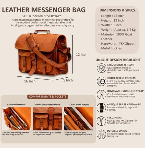 Vintage Leather Laptop Messenger Bag 16 Inch Crossbody Shoulder Satchel for Men Women Work Office Briefcase Business Laptop Bag Professional Work Bag College Messenger Bag Travel Satchel in Saudi Arabia