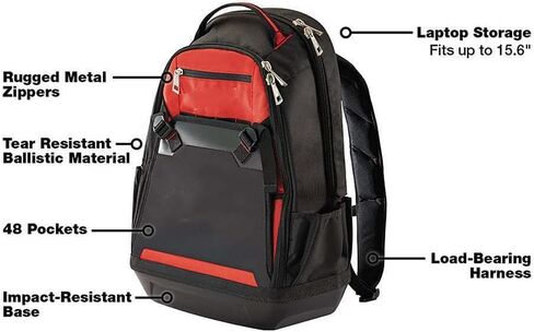 MILWUEKEE 48-22-8200 Suitable for Milwaukee 35-Pocket Impact Resistant 1680 Ballistic Jobsite Backpack, Red, Black in Saudi Arabia