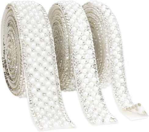 Pearl Rhinestone Strips 3 Rolls Rhinestone Ribbon Self Adhesive Crystal Tape Pearls Wrap Roll Stickers Bling Rhinestones Strand Pearls Strips Trim for DIY Crafts Wedding Birthday Party Decor in Kuwait