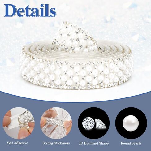 Pearl Rhinestone Strips 3 Rolls Rhinestone Ribbon Self Adhesive Crystal Tape Pearls Wrap Roll Stickers Bling Rhinestones Strand Pearls Strips Trim for DIY Crafts Wedding Birthday Party Decor in Kuwait