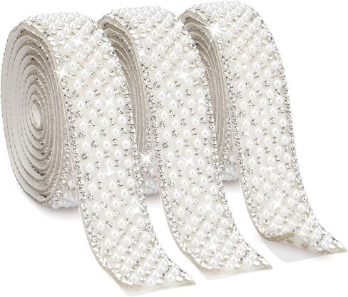 Pearl Rhinestone Strips 3 Rolls Rhinestone Ribbon Self Adhesive Crystal Tape Pearls Wrap Roll Stickers Bling Rhinestones Strand Pearls Strips Trim for DIY Crafts Wedding Birthday Party Decor in Saudi Arabia
