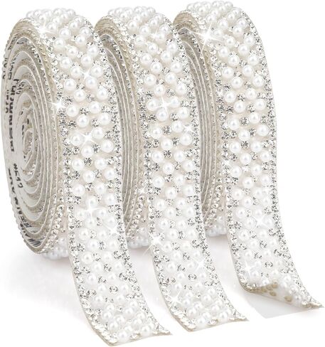 Pearl Rhinestone Strips 3 Rolls Rhinestone Ribbon Self Adhesive Crystal Tape Pearls Wrap Roll Stickers Bling Rhinestones Strand Pearls Strips Trim for DIY Crafts Wedding Birthday Party Decor in Kuwait