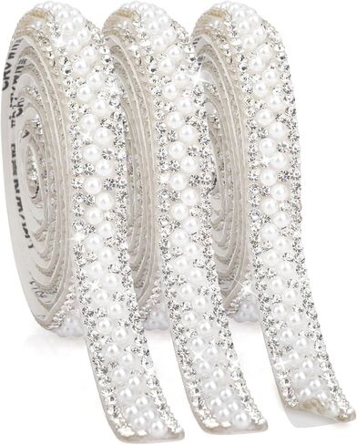 Pearl Rhinestone Strips 3 Rolls Rhinestone Ribbon Self Adhesive Crystal Tape Pearls Wrap Roll Stickers Bling Rhinestones Strand Pearls Strips Trim for DIY Crafts Wedding Birthday Party Decor in Kuwait