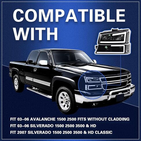 Headlights Assembly Fit Chevy Silverado 2003-2006 1500/2500/3500 HD Models & Avalanche 1500/2500, Conjunto de faros Pair Front Left and Right Side, Clear Lens Black Housing Clear Reflector in Kuwait