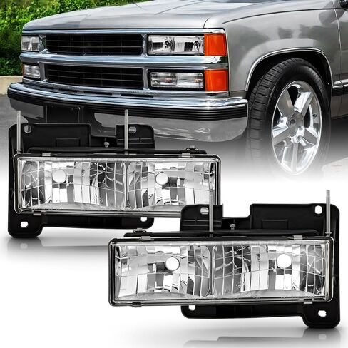 ACANII - Compatible For 1988-1998 Chevy/GMC C/K 1500 2500 3500 Suburban Glass Lens Chrome Headlights Headlamps Pair Set in Kuwait