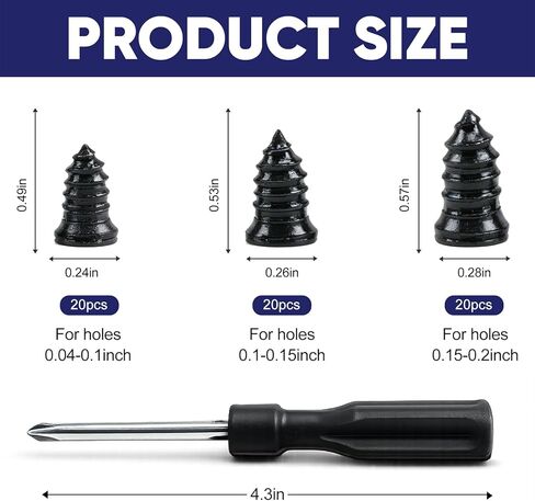 TEAWOO 60 PCS Tire Repair Rubber with 1 Screwdriver, Quick Tire Repair Screws in Tire Plugs Kit, Specially Designed for Motorcycle Truck Tractor and Car Tire Repair Kit(3 Sizes) in Saudi Arabia