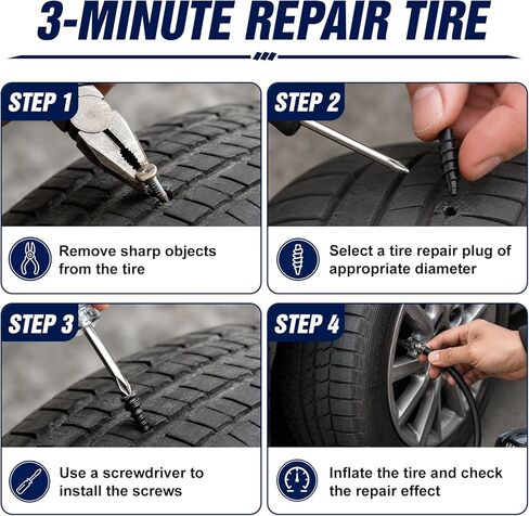 TEAWOO 60 PCS Tire Repair Rubber with 1 Screwdriver, Quick Tire Repair Screws in Tire Plugs Kit, Specially Designed for Motorcycle Truck Tractor and Car Tire Repair Kit(3 Sizes) in Saudi Arabia