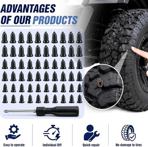 TEAWOO 60 PCS Tire Repair Rubber with 1 Screwdriver, Quick Tire Repair Screws in Tire Plugs Kit, Specially Designed for Motorcycle Truck Tractor and Car Tire Repair Kit(3 Sizes) in Saudi Arabia