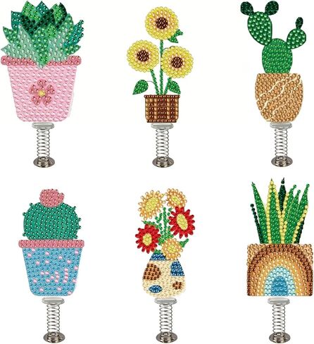 LOVESHANG 5D Diamond Painting Set, 6-piece Double Sided Dot Diamond Set, Cute Potted Diamond Art, Full Diamond DIY Succulent Plant Cactus Sunflower Embroidery Mosaic Handmade Set, Car Decoration Gift in Kuwait