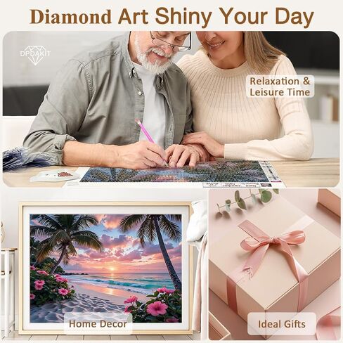 DPDAKIT 5D Beach Diamond Painting Kits for Adults, Diamond Art Kits for Beginner, DIY Round Full Gem Art Crafts for Home Wall Decor Gift, 16x12inch in Saudi Arabia
