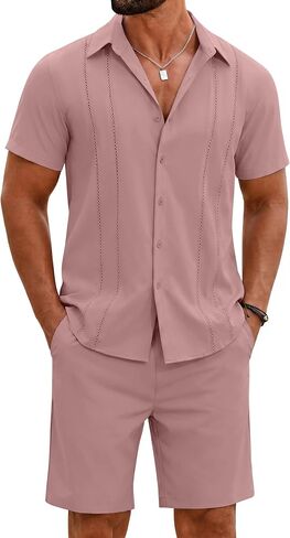 COOFANDY Men's 2 Piece Outfits Cuban Guayabera Short Sleeve Shirts and Shorts Summer Beach Vacation Sets for Men in Saudi Arabia