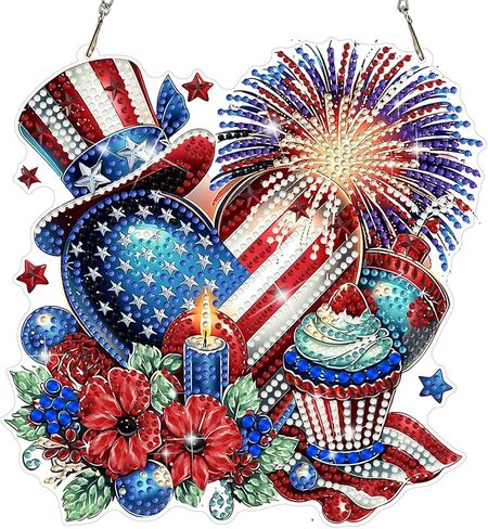 MEIYUDA Independence Fireworks Diamond Art Hanging Kits for Adult, Happy 4Th of July Diamond Painting Kits Ornaments, DIY Rhinestone Window Pendants Kit for Home Garden Wall Decor Gift WS156 in Kuwait