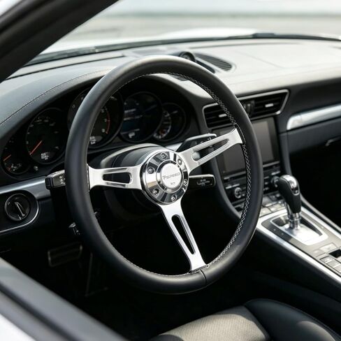 15 Inch Steering Wheel,6 Bolt 3 Spokes Chrome-Plated aluminum alloy Black Microfiber Leather Grip Deep Dish 54MM with horn Fit for Cars,for Classic Car,for Vintage Car steering wheel in Saudi Arabia