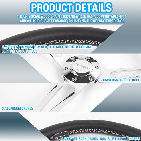 15 Inch Steering Wheel,6 Bolt 3 Spokes Chrome-Plated aluminum alloy Black Microfiber Leather Grip Deep Dish 54MM with horn Fit for Cars,for Classic Car,for Vintage Car steering wheel in Saudi Arabia