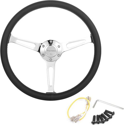 15 Inch Steering Wheel,6 Bolt 3 Spokes Chrome-Plated aluminum alloy Black Microfiber Leather Grip Deep Dish 54MM with horn Fit for Cars,for Classic Car,for Vintage Car steering wheel in Saudi Arabia
