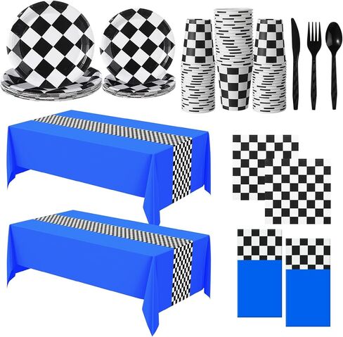 OUDAIN 162 PCS Racing Car Party Party Supplies مجموعات أدوات المائدة المقيدة لـ 20 ضيفًا من السباق المغطى بالسباق تحت عنوان لوحات ألواح مستطيلة مستطيلة للأكواب لأشخاص سيارات لحفلات السيارات (الأزرق) in Kuwait