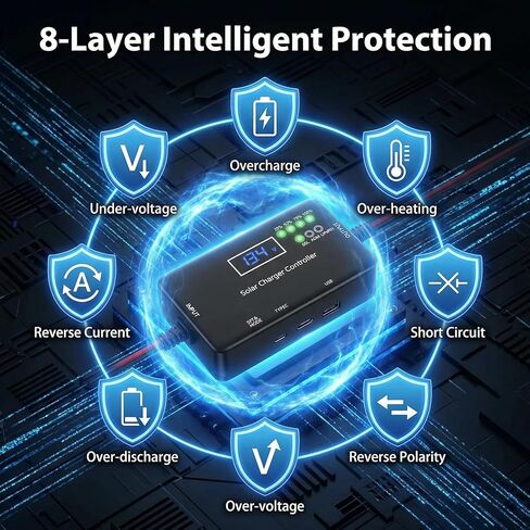 وحدة التحكم بالشحن الشمسي 12 فولت 20 أمبير PWM مع مخرج Type-C/USB، متوافقة مع بطاريات LiFePO4/AGM/Gel، وتقنية Zero Drain، وحماية من التحميل الزائد والسخونة الزائدة لنظام الطاقة الشمسية in Kuwait