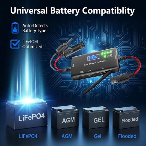 وحدة التحكم بالشحن الشمسي 12 فولت 20 أمبير PWM مع مخرج Type-C/USB، متوافقة مع بطاريات LiFePO4/AGM/Gel، وتقنية Zero Drain، وحماية من التحميل الزائد والسخونة الزائدة لنظام الطاقة الشمسية in Kuwait