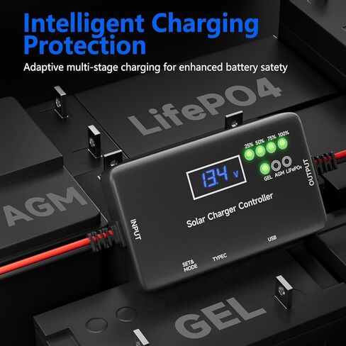 وحدة التحكم بالشحن الشمسي 12 فولت 20 أمبير PWM مع مخرج Type-C/USB، متوافقة مع بطاريات LiFePO4/AGM/Gel، وتقنية Zero Drain، وحماية من التحميل الزائد والسخونة الزائدة لنظام الطاقة الشمسية in Kuwait