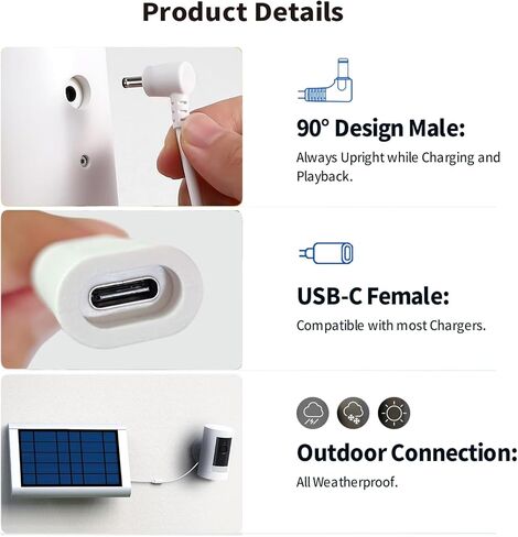 Tonton USB-C إلى محول قابس أسطواني للألواح الشمسية Ring USB-C إلى كاميرات الأمان ذات قابس الأسطوانات، متوافق مع كاميرا Stick Up Cam (الجيل الثاني/الثالث) وكاميرا Spotlight، أبيض in Kuwait
